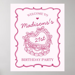 Rosa Retro Heart Coquette Cake Birthday Välkommen Poster