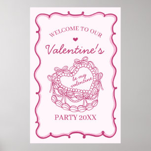 Rosa Retro Heart Coquette Cake Valentine Välkommen Poster