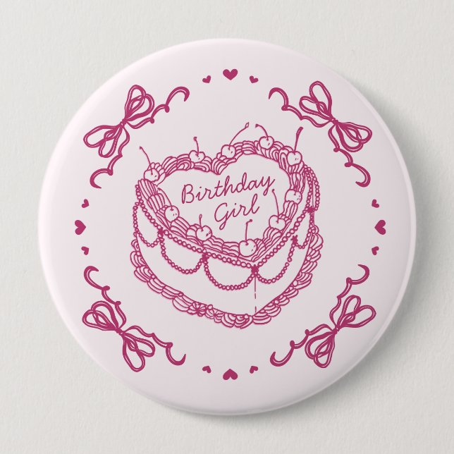 Rosa Retro Heart Coquette Cherry Cake Birthday Gir Knapp (Framsida)