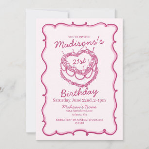 Rosa Retro Heart Coquette Cherry Cake Birthday Inbjudningar