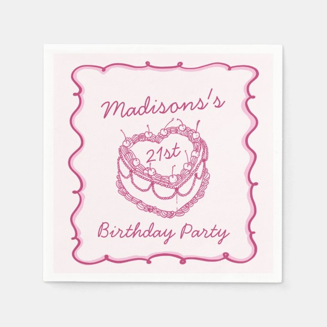 Rosa Retro Heart Coquette Cherry Cake Birthday Pappersservett (Framsidan)