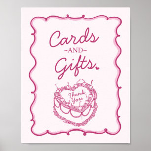 Rosa Retro Heart Coquette Cherry Cake Birthday Poster