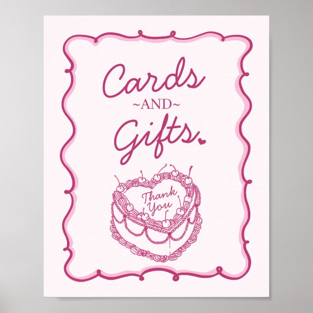 Rosa Retro Heart Coquette Cherry Cake Birthday Poster (Framsidan)