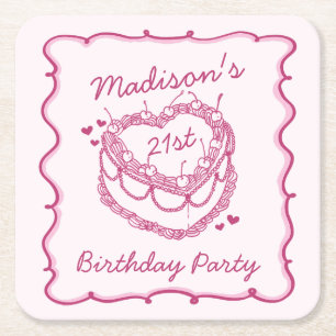 Rosa Retro Heart Coquette Cherry Cake Birthday Underlägg Papper Kvadrat