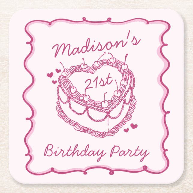 Rosa Retro Heart Coquette Cherry Cake Birthday Underlägg Papper Kvadrat (Framsidan)