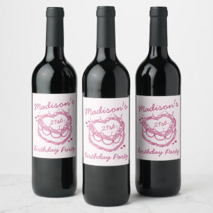 Rosa Retro Heart Coquette Cherry Cake Birthday Vinflaska Etikett