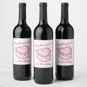 Rosa Retro Heart Coquette Cherry Cake Birthday Vinflaska Etikett