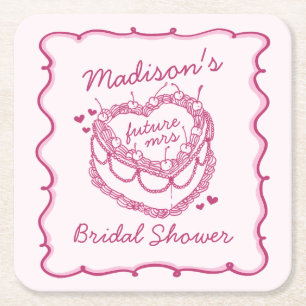 Rosa Retro Heart Coquette Cherry Cake BridalShower Underlägg Papper Kvadrat