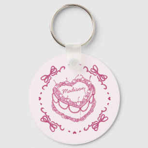 Rosa Retro Heart Coquette Cherry Cake Favors Nyckelring