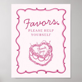 Rosa Retro Heart Coquette Cherry Cake Favors Poster