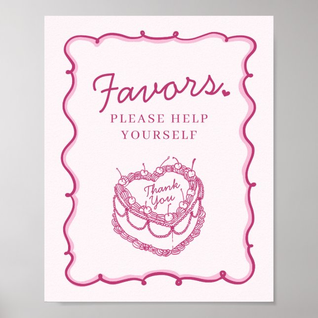Rosa Retro Heart Coquette Cherry Cake Favors Poster (Framsidan)