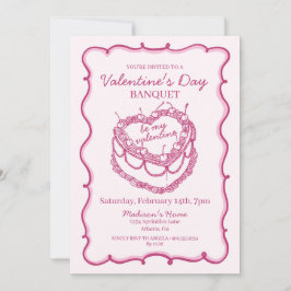 Rosa Retro Heart Coquette Cherry Cake Valentine Inbjudningar