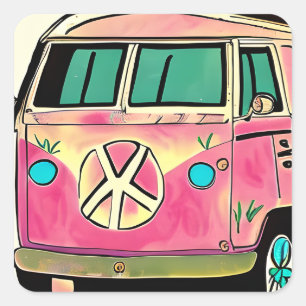 Rosa Retro Hippie Van Vintage Färg Art Fyrkantigt Klistermärke