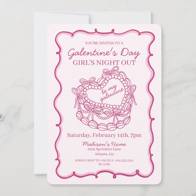 Rosa retro hjärta coquette tårta Galentine Inbjudningar (Framsida)