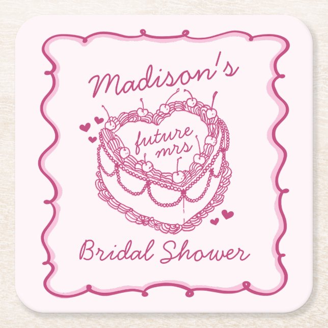 Rosa Retro Hjärtan Coquette Körsbärstårta Bröllops Underlägg Papper Kvadrat (Framsidan)