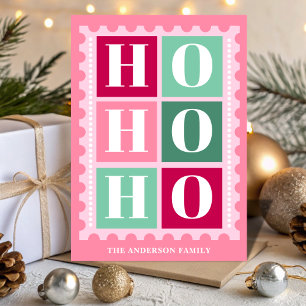 Rosa Retro Ho Ho Ho Jul Frimärke Helgkort