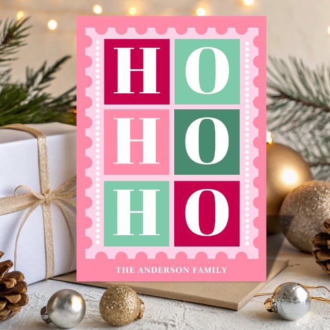 Rosa Retro Ho Ho Ho Jul Frimärke Helgkort (Skapare uppladdad)