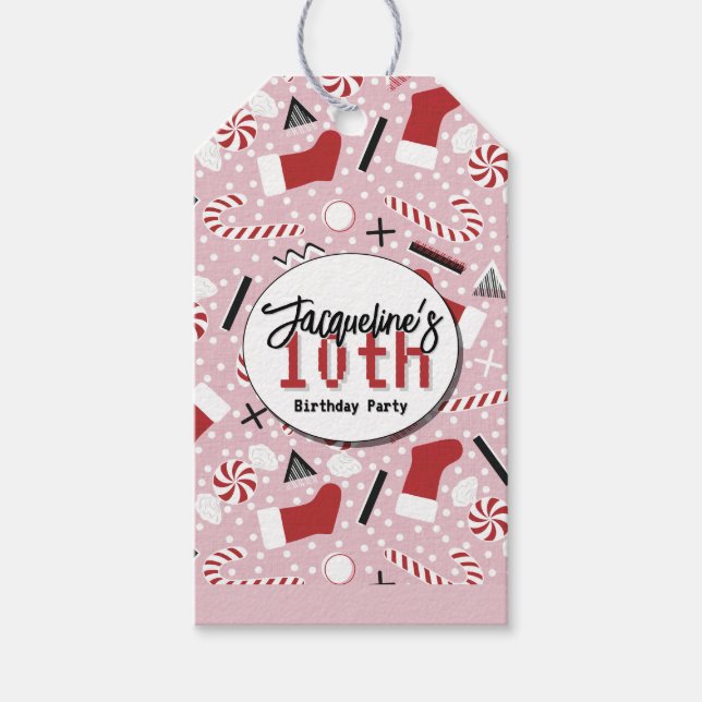 Rosa Retro Jul Pepparmynta Födelsedag Presentetikett (Framsidan)