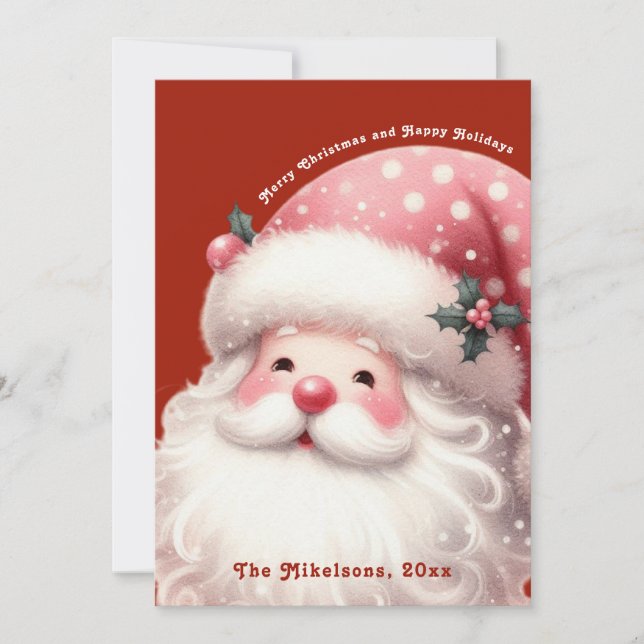 Rosa Retro-julen Jultomten Julkort (Framsida)