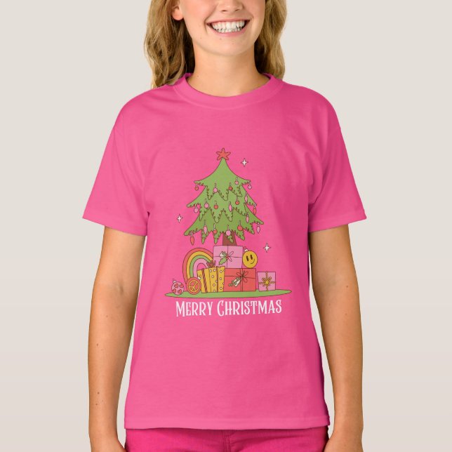 Rosa Retro Julgran Girls T Shirt (Framsida)