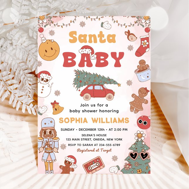 Rosa Retro jultomten Baby - jul, babykläder Inbjudningar (Skapare uppladdad)