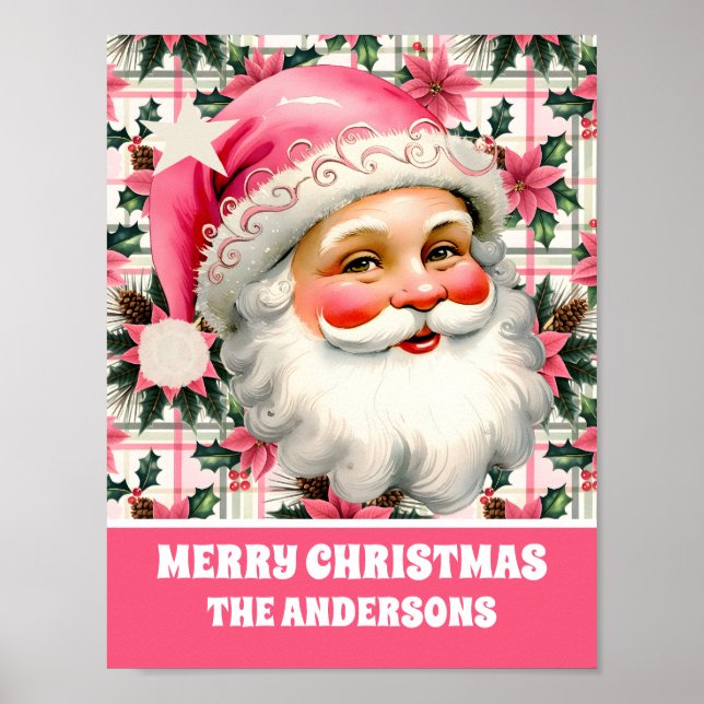 Rosa Retro Jultomten - Blommigt - jul Poster (Framsidan)