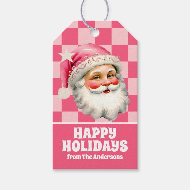Rosa Retro Jultomten Rosa Tartan Play jul Presentetikett (Framsidan)