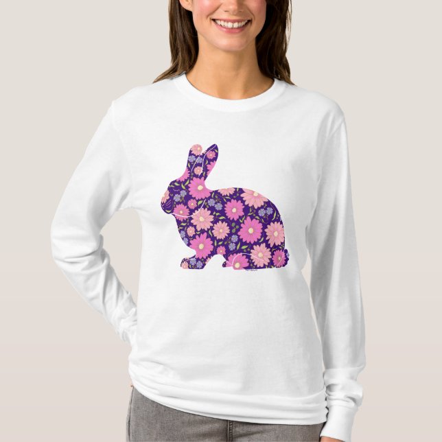 Rosa retro kanin och blommor t shirt (Framsida)