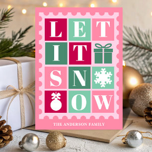 Rosa Retro Let It Snow Jul Frimärke Helgkort