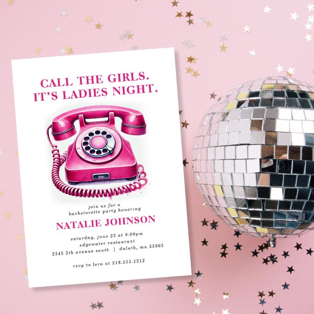 Rosa Retro Mobil Call åt Girls Bachelorette Party Inbjudningar (Get ready to celebrate the bride-to-be with our Pink Retro Phone Bachelorette Party Invitation!)