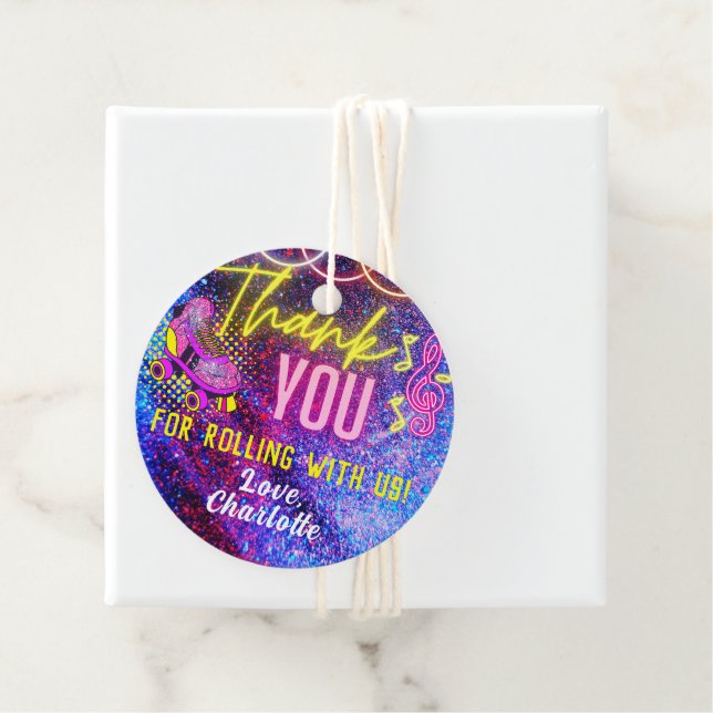 Rosa Retro Neon Glow Roller Skållande Tack Gåvor Etiketter (På plats)