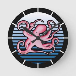 Rosa Retro Octopus Rund Klocka