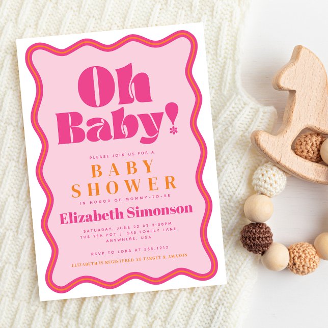 Rosa Retro Oh Baby Vågigt Squiggle Ram Baby Shower Inbjudningar (Skapare uppladdad)