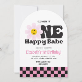 Rosa Retro One Lycklig Babe 1a Birthday Inbjudningar