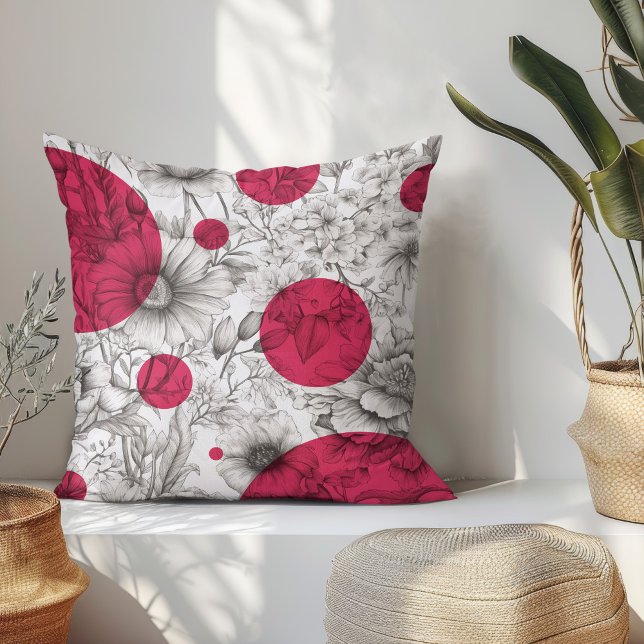 Rosa Retro Peonies, dekorativ sommarBlommigt Kudde (Modern floral throw pillow with black and white sketch flowers and magenta pink retro circles.)