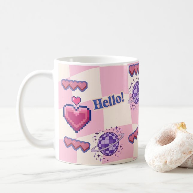 Rosa Retro Pixel Hjärtmugg Kaffemugg (Med munk)