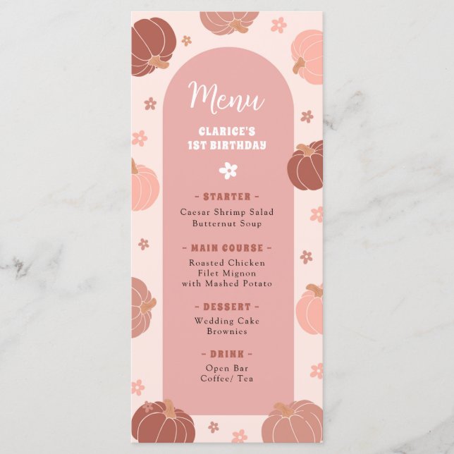 Rosa Retro Pumpa Boho Första Födelsedagsmeny Meny (Framsida)