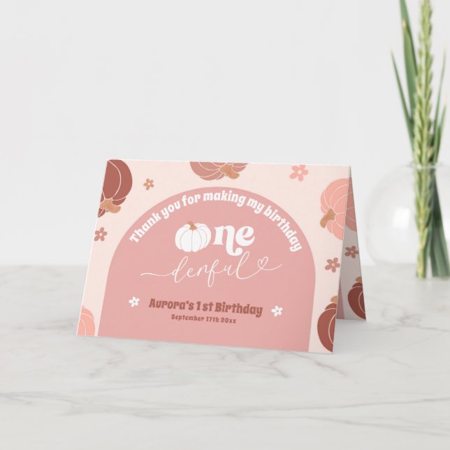 Rosa Retro Pumpkin 1:a födelsedag med vikt Tack (Framsida)