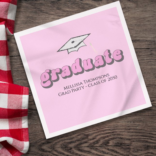 Rosa Retro Studentfest Anpassningsbar Luncheon Pappersservett (Pink Graduation retro style luncheon napkin.)