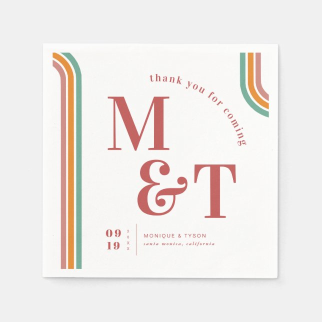 Rosa | Retro Sventies Rand | Bröllop Monogram Pappersservett (Framsidan)