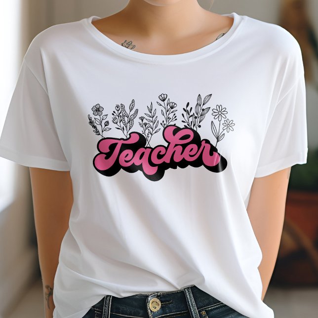 Rosa Retro Teacher Wildblomma T Shirt (Skapare uppladdad)