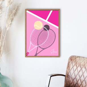 Rosa Retro Tennis Hard Court Stjärna Anpassad Sign Poster