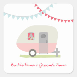 Rosa Retro Trailer Bröllop Sticker Fyrkantigt Klistermärke