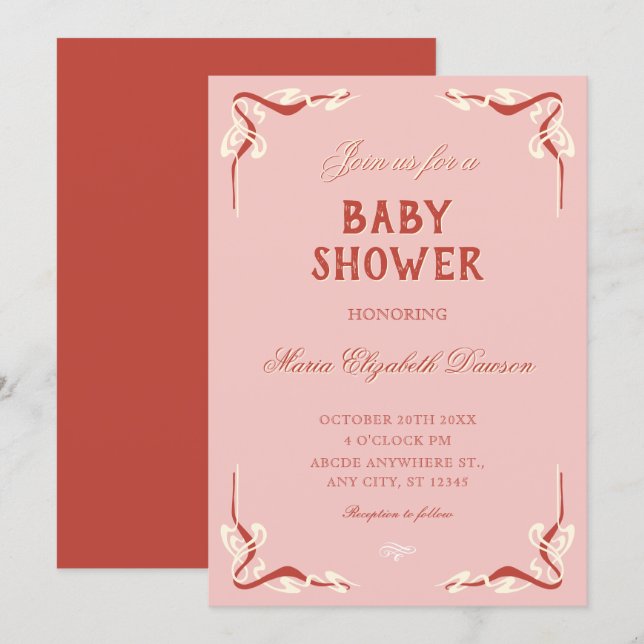 Rosa retro vintage baby shower inbjudningar (Fram/baksida)