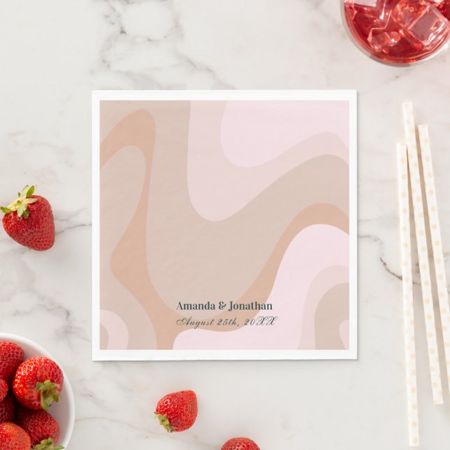 Rosa Retro Wave Monogram Bröllop Napkins Pappersservett (Insitu)