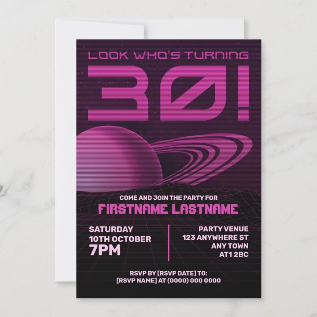 Rosa Retrowave 30års födelsedag-partiinbjudan Inbjudningar (Framsida)