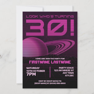 Rosa Retrowave 30års födelsedag-partiinbjudan Inbjudningar
