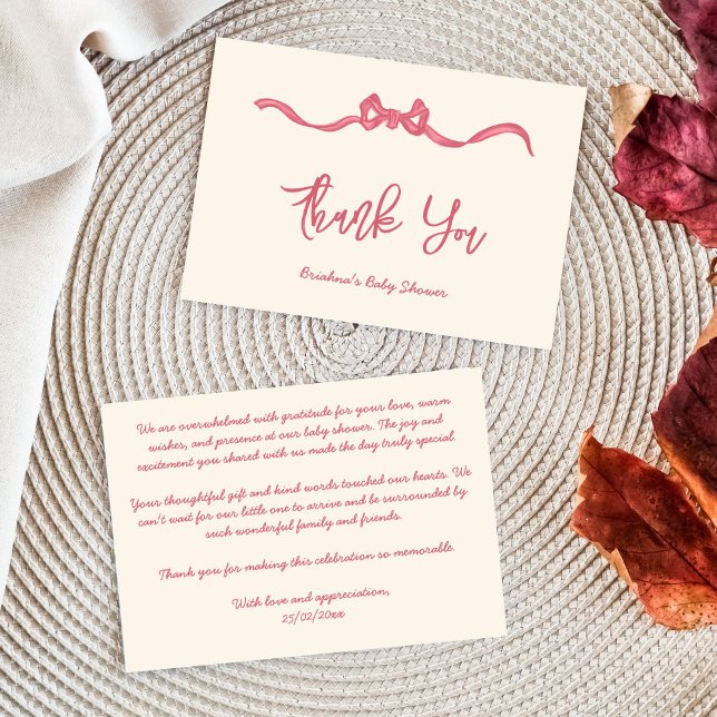Rosa-revbensketch babydusch tack kort (Pink ribbon bow sketch baby shower thank you card whimsical handwritten baby shower thank you card)