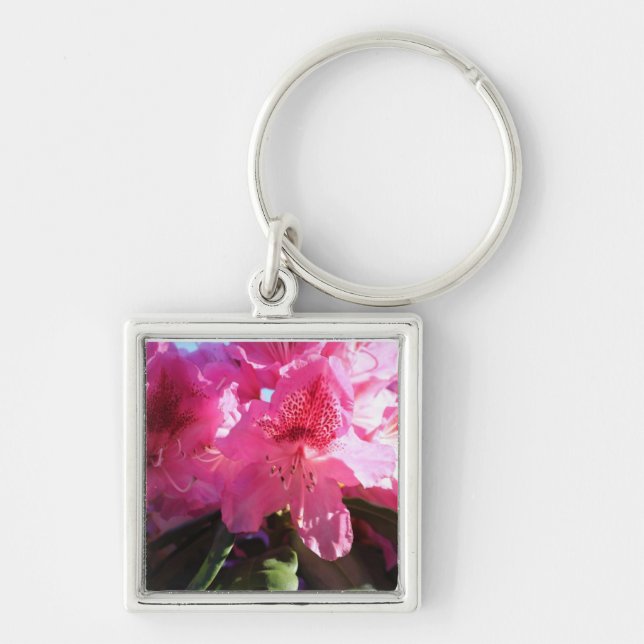 rosa rhododendron-blommor fyrkantig silverfärgad nyckelring (Framsidan)