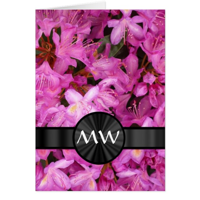 Rosa Rhododendron-blommor monogram Hälsningskort (Framsidan)